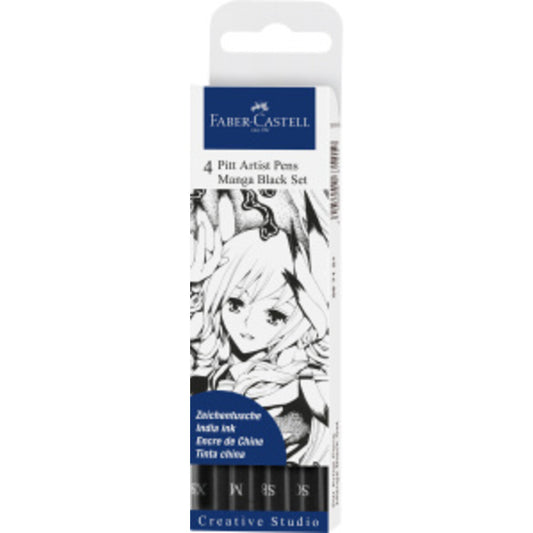 Faber-Castell Tuschestift Pitt Artist Pen Manga, Schreibfarbe schwarz mit verschiedenen Spitzen, 4er Etui