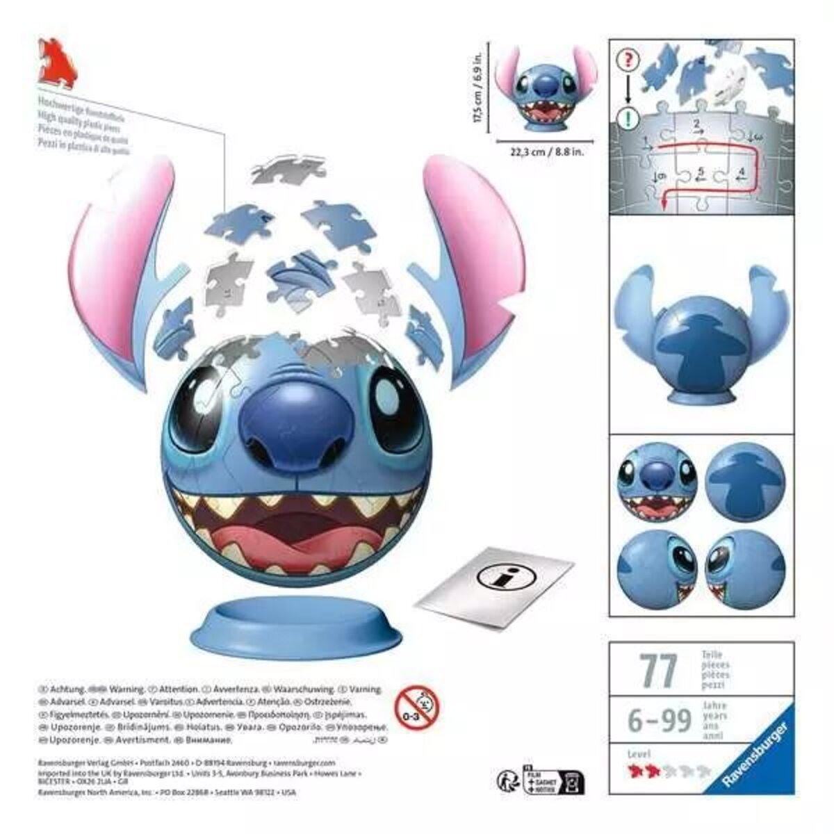 Ravensburger 3D Puzzle - Disney Stitch Puzzle-Ball mit Ohren, 77 Teile