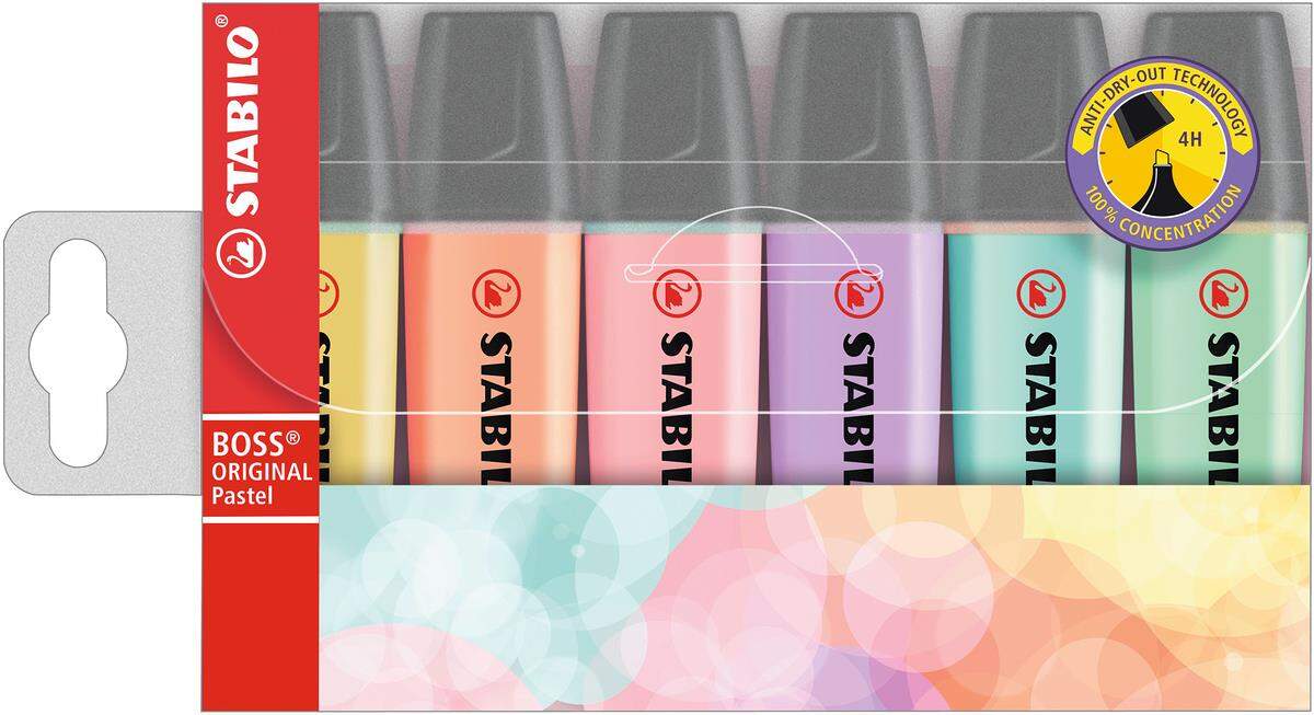 Textmarker - STABILO BOSS ORIGINAL Pastel - 6er Pack - pudriges Gelb, cremige Pfirsichfarbe, rosiges Rouge, Schimmer von Lila, Hauch von Minzgrün, zartes Türkis