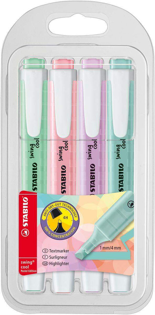 Textmarker - STABILO swing cool Pastel Edition - 4er Pack - Hauch von Minzgrün, rosiges Rouge, Schimmer von Lila, zartes Türkis